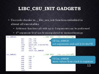 LIBC_CSU_INIT GADGETS•Use code chunks in __libc_csu_init function embedded in almost all executables•Arbitrary function call with up to 3 arguments can be performed•4thargument (rcx) can be manipulated by memset/memcpy 
(1) loc_400626move values from stack to registers 
(2) loc_400610set arguments and call [r12+rbx*8] 
13 
 