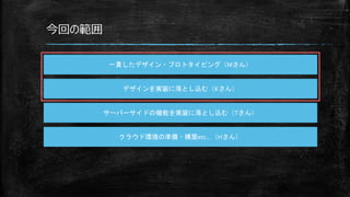 今回の範囲
一貫したデザイン・プロトタイピング（Mさん）
デザインを実装に落とし込む（Kさん）
サーバーサイドの機能を実装に落とし込む（Tさん）
クラウド環境の準備・構築etc…（Hさん）
 