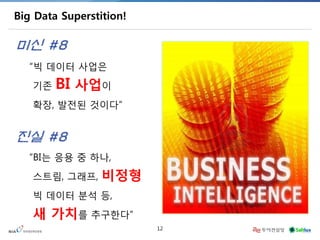 12 
Big Data Superstition! 
“빅 데이터 사업은 
기존 BI 사업이 
확장, 발전된 것이다” 
미신 #8 
“BI는 응용 중 하나, 
스트림, 그래프, 비정형 빅 데이터 분석 등, 
새 가치를 추구한다” 
진실 #8  