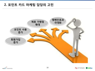 19 
2. 포인트 카드 마케팅 담당의 고민 
회원가입 증가 
포인트 사용 
증가 
제휴 가맹점 
확대 
캠페인효과 극대화  