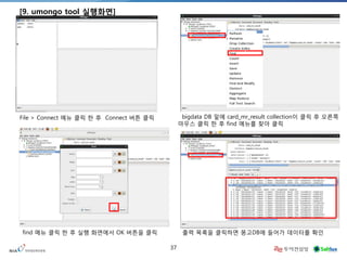 37 
[9. umongo tool 실행화면] 
File > Connect 메뉴 클릭 한 후 Connect 버튼 클릭 
bigdata DB 밑에 card_mr_result collection이 클릭 후 오른쪽 마우스 클릭 한 후 find 메뉴를 찾아 클릭 
find 메뉴 클릭 한 후 실행 화면에서 OK 버튼을 클릭 
출력 목록을 클릭하면 몽고DB에 들어가 데이터를 확인 
` 
` 
` 
` 
`  