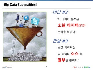 7 
Big Data Superstition! 
“빅 데이터 분석은 
소셜 데이터(SNS) 
분석을 말한다” 
미신 #3 
“소셜 데이터는 빅 데이터 소스 중 일부일 뿐이다” 
진실 #3  