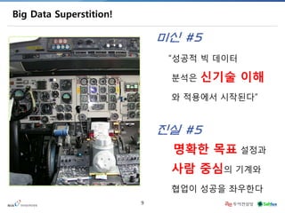 9 
Big Data Superstition! 
“성공적 빅 데이터 
분석은 신기술 이해 
와 적용에서 시작된다” 
미신 #5 
“명확한 목표 설정과 
사람 중심의 기계와 
협업이 성공을 좌우한다” 
진실 #5  