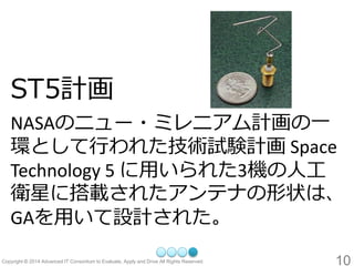 10 
ST5計画 
NASAのニュー・ミレニアム計画の一 環として行われた技術試験計画Space Technology 5 に用いられた3機の人工 衛星に搭載されたアンテナの形状は、 GAを用いて設計された。  