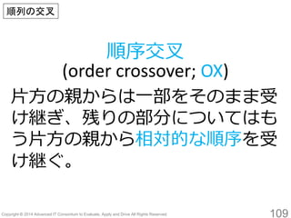 109 
片方の親からは一部をそのまま受 け継ぎ、残りの部分についてはも う片方の親から相対的な順序を受 け継ぐ。 
順序交叉 (order crossover; OX) 
順列の交叉  