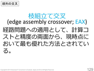 129 
枝組立て交叉 
(edge assembly crossover; EAX) 
順列の交叉 
経路問題への適用として、計算コ ストと精度の両面から、現時点に おいて最も優れた方法とされてい る。  