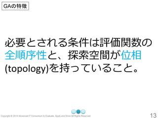 13 
必要とされる条件は評価関数の 全順序性と、探索空間が位相 (topology)を持っていること。 
GAの特徴  