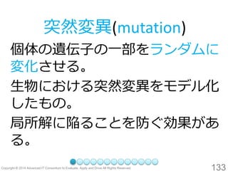 133 
個体の遺伝子の一部をランダムに 変化させる。 
生物における突然変異をモデル化 したもの。 
局所解に陥ることを防ぐ効果があ る。 
突然変異(mutation)  