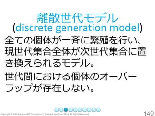 149 
離散世代モデル (discrete generation model) 
全ての個体が一斉に繁殖を行い、 現世代集合全体が次世代集合に置 き換えられるモデル。 
世代間における個体のオーバー ラップが存在しない。  