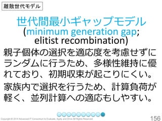 156 
世代間最小ギャップモデル (minimum generation gap; elitist recombination) 
親子個体の選択を適応度を考慮せずに ランダムに行うため、多様性維持に優 れており、初期収束が起こりにくい。 
家族内で選択を行うため、計算負荷が 軽く、並列計算への適応もしやすい。 
離散世代モデル  