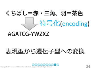 符号化(encoding) 
表現型から遺伝子型への変換 
24 
 