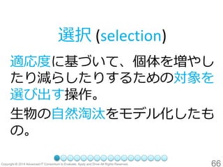66 
適応度に基づいて、個体を増やし たり減らしたりするための対象を 選び出す操作。 
生物の自然淘汰をモデル化したも の。 
選択(selection)  