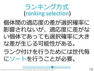 76 
個体間の適応度の差が選択確率に 影響されないが、適応度に差がな い個体であっても選択確率に大き な差が生じる可能性がある。 
ランク付けを行うためには世代毎 にソートを行うことが必要。 
ランキング方式 (ranking selection)  