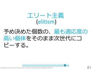 81 
予め決めた個数の、最も適応度の 高い個体をそのまま次世代にコ ピーする。 
エリート主義 (elitism)  