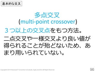 96 
３つ以上の交叉点をもつ方法。 
二点交叉や一様交叉より良い値が 得られることが殆どないため、あ まり用いられていない。 
多点交叉 (multi-point crossover) 
基本的な交叉  