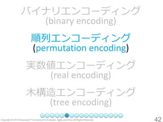 42 
バイナリエンコーディング (binary encoding) 順列エンコーディング (permutation encoding) 
実数値エンコーディング (real encoding) 
木構造エンコーディング (tree encod...