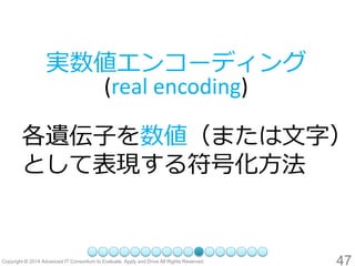 47 
実数値エンコーディング (real encoding) 
各遺伝子を数値（または文字） として表現する符号化方法  