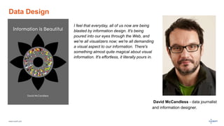 www.luxoft.com
Data Design
David McCandless - data journalist
and information designer.
I feel that everyday, all of us now are being
blasted by information design. It's being
poured into our eyes through the Web, and
we're all visualizers now; we're all demanding
a visual aspect to our information. There's
something almost quite magical about visual
information. It's effortless, it literally pours in.
 