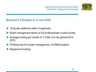 Bavarian Ministry of Economic Affairs 
and Media, Energy and Technology 
19 cluster platforms within 5 segments 
Small management teams of 2-6 professionals in each cluster 
Average funding per cluster of 1.2 Mio. € in the period 2012- 2015 
Funding only for cluster management, not R&D projects 
Degressive funding 
25 
Bavaria‘s Clusters in a nut shell  