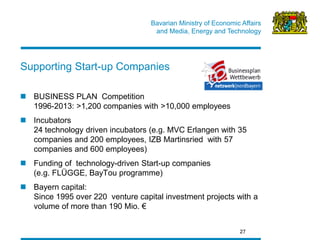 Bavarian Ministry of Economic Affairs 
and Media, Energy and Technology 
BUSINESS PLAN Competition 1996-2013: >1,200 companies with >10,000 employees 
Incubators 24 technology driven incubators (e.g. MVC Erlangen with 35 companies and 200 employees, IZB Martinsried with 57 companies and 600 employees) 
Funding of technology-driven Start-up companies (e.g. FLÜGGE, BayTou programme) 
Bayern capital: Since 1995 over 220 venture capital investment projects with a volume of more than 190 Mio. € 
27 
Supporting Start-up Companies  