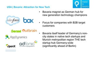 USA | Bavaria: Attraction for New Tech 
•Bavaria magnet as German hub for new generation technology champions 
•Focus for companies with B2B target customers 
•Bavaria itself leader of Germany’s non- city states in native tech startups and Munich metropolitan region THE tech startup hub Germany-wide (significantly ahead of Berlin)  