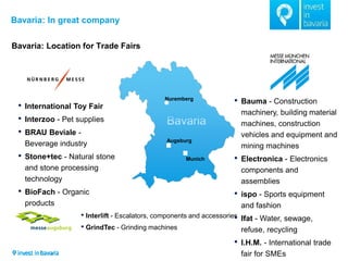 Bavaria: In great company 
Bavaria: Location for Trade Fairs 
Munich 
Nuremberg 
Augsburg 
• International Toy Fair 
• Interzoo - Pet supplies 
• BRAU Beviale - 
Beverage industry 
• Stone+tec - Natural stone 
and stone processing 
technology 
• BioFach - Organic 
products 
• Interlift - Escalators, components and accessories 
• GrindTec - Grinding machines 
• Bauma - Construction 
machinery, building material 
machines, construction 
vehicles and equipment and 
mining machines 
• Electronica - Electronics 
components and 
assemblies 
• ispo - Sports equipment 
and fashion 
• Ifat - Water, sewage, 
refuse, recycling 
• I.H.M. - International trade 
fair for SMEs 
 