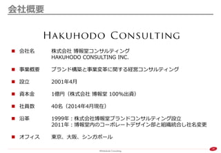 16 
会社概要 
会社名 株式会社 博報堂コンサルティング HAKUHODO CONSULTING INC. 
事業概要 ブランド構築と事業変革に関する経営コンサルティング 
設立 2001年4月 
資本金 1億円（株式会社 博報堂 100%出資） 
社員数 40名（2014年4月現在） 
沿革 1999年：株式会社博報堂ブランドコンサルティング設立 2011年：博報堂内のコーポレートデザイン部と組織統合し社名変更 
オフィス 東京、大阪、シンガポール  