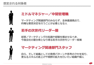 31 
想定される対象者 
ミドルマネジャー／中間管理職 マーケティング関連部門のみならず、全体最適視点で、 的確な意思決定を行うことが必要となる人 
若手の次世代リーダー層 経営／マーケティングの知識や経験を積ませるべき、 今後会社の屋台骨となり得る若手の次世代リーダー候補 
マーケティング関連部門スタッフ 自ら、そして組織としての発想パターンや思考のクセを知り、 更なるスキルの底上げや視野の拡大を行いたい組織や個人  