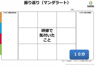 2014© kaleidosolutions incorporated all rights reserved 
振り返り（マンダラート） 
研修で 気付いた こと 
＜メモ＞新たな発見 
＜メモ＞他者の気付き 
名前 
本シートは回収し、スキャンして全員に共有します。 
１０分  
