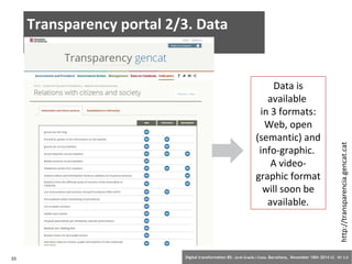 Transparency portal 2/3. Data 
type 
http://transparencia.gencat.cat 
Data is 
available 
in 3 formats: 
Web, open 
(semantic) and 
info-graphic. 
A video-graphic 
format 
will soon be 
available. 
33 Digital transformation BS: Jordi Graells i Costa. Barcelona, November 18th 2014 CC – BY 3.0 
 