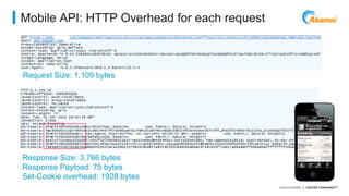 ©2014 AKAMAI | FASTER FORWARDTM 
Mobile API: HTTP Overhead for each request 
Request Size: 1,109 bytes 
Response Size: 3,766 bytes 
Response Payload: 75 bytes 
Set-Cookie overhead: 1928 bytes 
 