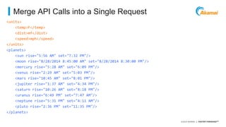 ©2014 AKAMAI | FASTER FORWARDTM 
Merge API Calls into a Single Request 
<units> 
<temp>F</temp> 
<dist>mf</dist> 
<speed>mph</speed> 
</units> 
<planets> 
<sun rise="5:56 AM" set="7:32 PM"/> 
<moon rise="8/28/2014 8:45:00 AM" set="8/28/2014 8:30:00 PM"/> 
<mercury rise="5:28 AM" set="6:09 PM"/> 
<venus rise="2:29 AM" set="5:03 PM"/> 
<mars rise="10:45 AM" set="8:01 PM"/> 
<jupiter rise="1:37 AM" set="4:34 PM"/> 
<saturn rise="10:26 AM" set="8:18 PM"/> 
<uranus rise="6:49 PM" set="7:47 AM"/> 
<neptune rise="5:31 PM" set="4:11 AM"/> 
<pluto rise="2:36 PM" set="11:35 PM"/> 
</planets> 
 