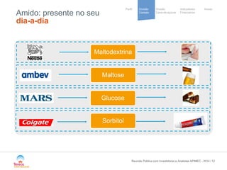 / 
Cooperative 
group 
Divisão 
Cana-de-açúcar 
Indicadores 
Financeiros 
Perfil Divisão Anexo 
Cereais 
Amido: presente no seu dia-a-dia 
Maltodextrina 
Maltose 
Glucose 
Sorbitol 
Reunião Pública com Investidores e Analistas APIMEC - 2014 12 
 