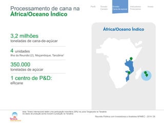 / 
Notre stratégie 
de development 
Cooperative 
group 
Divisão 
Cana-de-açúcar 
Indicadores 
Financeiros 
Perfil Divisão Anexo 
Cereais 
Processamento de cana na África/Oceano Índico 
26 
3,2 milhões 
toneladas de cana-de-açúcar 
4 unidades 
Ilha da Reunião (2), Moçambique, Tanzânia1 
350.000 
toneladas de açúcar 
1 centro de P&D: 
eRcane 
África/Oceano Índico 
Nota: Tereos Internacional detém uma participação minoritária (30%) na usina Tanganyika na Tanzânia. Os dados de produção acima incluem a produção na Tanzânia 
Reunião Pública com Investidores e Analistas APIMEC - 2014 
 