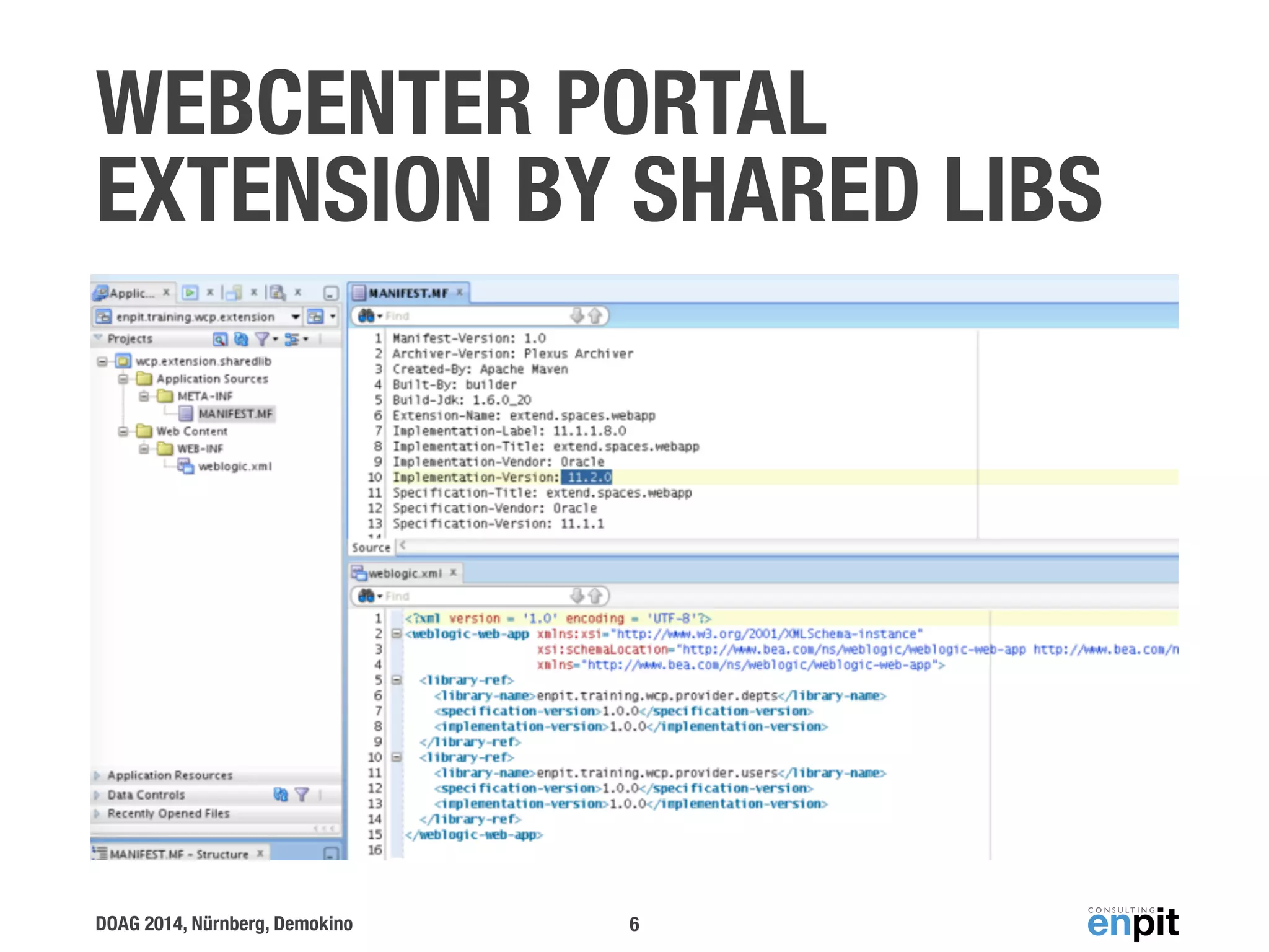 WEBCENTER PORTAL 
EXTENSION BY SHARED LIBS 
DOAG 2014, Nürnberg, Demokino 
6 
 