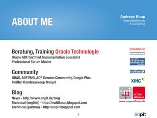 & Consulting ABOUT ME 
Andreas Koop 
Geschäftsführung 
Beratung, Training Oracle Technologie 
Oracle ADF Certified Implementation Specialist 
Professional Scrum Master 
Community 
DOAG, ADF EMG, ADF German Community, Google Plus, 
Twitter @andreaskoop @enpit 
Blog 
News - http://www.enpit.de/blog 
Technical (english) - http://multikoop.blogspot.com 
Technical (german) - http://enpit.blogspot.com 
2 
www.scope-alliance.de 
 
