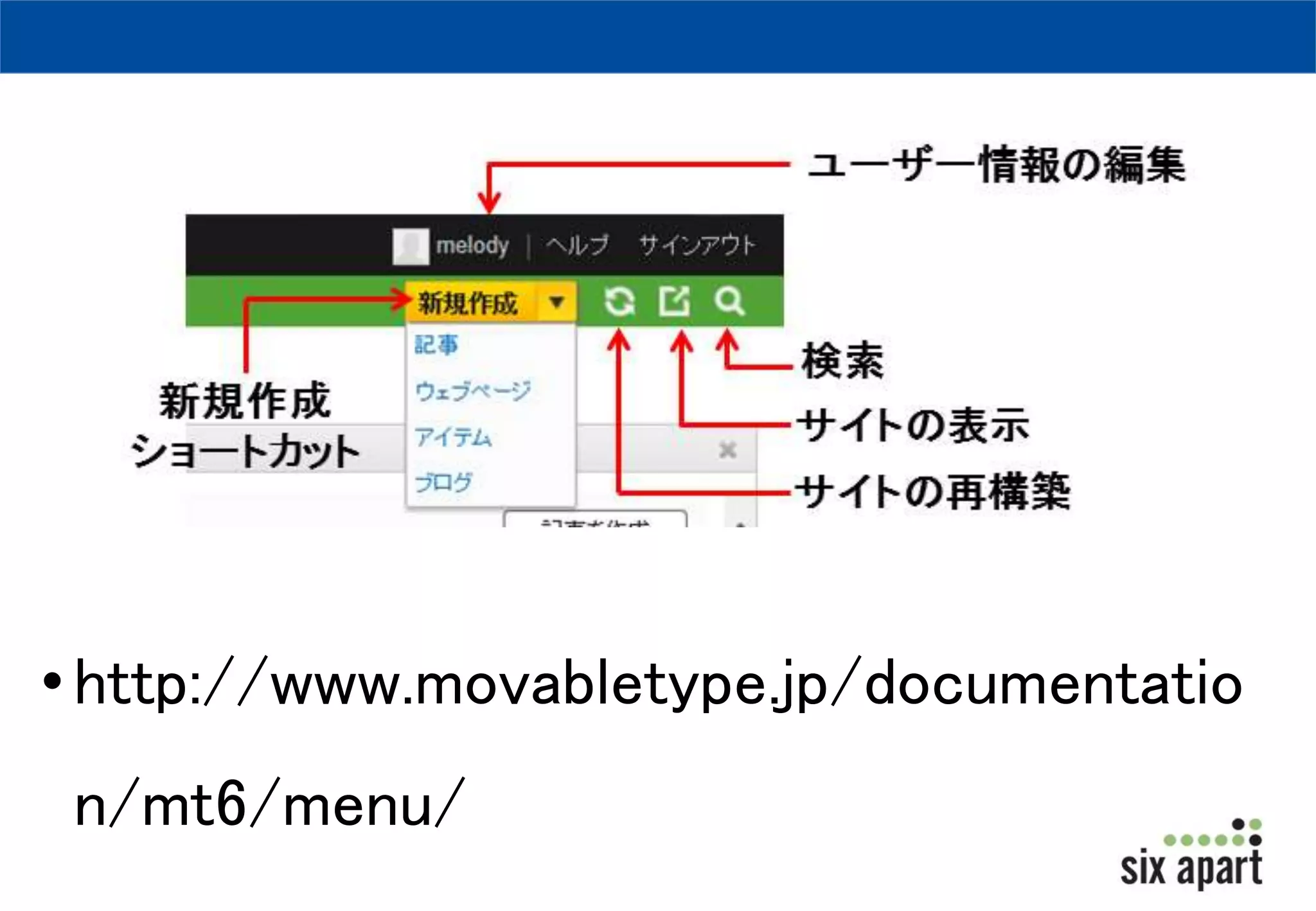 • http://www.movabletype.jp/documentatio 
n/mt6/menu/ 
 