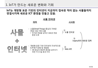 1. IoT가만드는새로운변화와기회 
IoT는개방형표준기반의인터넷이지금까지접속된적이없는사물들까지연결시키며새로운ICT 환경을만들고있음. 
사물인터넷 
의미 
시사점 
-소물(Small Things)중심의가벼운연결사업기회도출 
•무거운연결을넘어선새로운연결환경도래 
-개방형표준기반인터넷이지속적으로C-P-N-T 와해및개방화 
•OS 중심의폐쇄적환경을넘어서기위한가시사슬붕괴지속소물인터넷Web API Legacy와의새로운접목 ① ② ③ 
16/100 
 