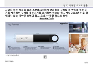사고자하는제품을쉽게스캔(Scan)해서편리하게구매할수있도록하는기기를제공하여구매를돕는기기를소개하며이슈화됨… 사실2012년이후확대되지않는아마존프레쉬광고효과가더클것으로보임. 
[참고] 마케팅효과로활용 
Amazon Dash 
Source : Amazon 
☞By Invitation Only 
79/100 
 