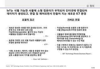 ②정의 
포괄적접근 
Source : MIT Technology Review, ITU(2012), Cisco, IETF(Internet Engineering Task Force; 국제인터넷표준화기구) 
가벼운연결 
IoT는식별가능한사물에소형컴퓨터가부착되어인터넷에연결되어데이터가생성되고, 연결및제어되면서만들어지는새로운ICT 환경 
-저성능(Dumb)을포함한소형컴퓨터가사물(Objects)에부착된컴퓨터환경 
-사물들은컴퓨터를통해주변환경을감지(Sensing) 하여데이터를생성하고그데이터를전송(Transmitting) 및제어(Control)할수있는수단제공 
-이를구현하기위해서는컴퓨터가얼마나더작은크기로, 더저전력으로, 또더저렴하게구현할수있는가가관건임. 
-MIT Technology Review Business Report – 
-새로운정보화사회를위한글로벌인프라…이미존재또는진화중인상호운용가능한(Interoperable)물리적또는가상의사물들을연결함으로써만들어짐. 
-ITU - 
-표준에기반한고유식별가능한사물들이상호연결된글로벌네트워크 
-IETF - 
-‘사람, 프로세스, 데이터, 사물등연결된적이없는세상의나머지99%까지모두연결되어실시간상호소통함으로써가치를생성하는환경’ 
-Cisco ‘IoE’ Definition – 
8/100 
 