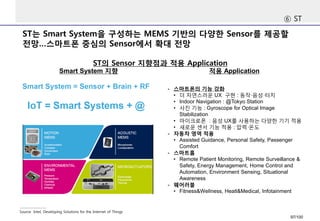 ST는Smart System을구성하는MEMS 기반의다양한Sensor를제공할전망…스마트폰중심의Sensor에서확대전망 
⑥ST 
Source Intel, Developing Solutions for the Internet of Things 
ST의Sensor 지향점과적용Application 
Smart System 지향 
적용Application 
-스마트폰의기능강화 
•더자연스러운UX 구현: 동작·음성·터치 
•Indoor Navigation : @Tokyo Station 
•사진기능: Gyroscope for Optical Image Stabilization 
•마이크로폰: 음성UX를사용하는다양한기기적용 
•새로운센서기능적용: 압력·온도 
-자동차영역적용 
•Assisted Guidance, Personal Safety, Passenger Comfort 
-스마트홈 
•Remote Patient Monitoring, Remote Surveillance & Safety, Energy Management, Home Control and Automation, Environment Sensing, Situational Awareness 
-웨어러블 
•Fitness&Wellness, Heatl&Medical, Infotainment 
97/100 
 