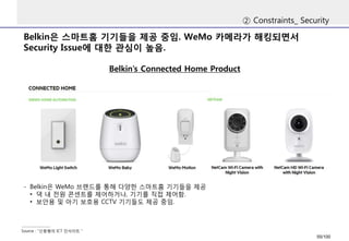 Belkin은스마트홈기기들을제공중임. WeMo 카메라가해킹되면서Security Issue에대한관심이높음. 
②Constraints_ Security 
Belkin’s Connected Home Product 
Sourc...