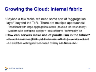 Growing the Cloud: Internal fabric 
• Beyond a few racks, we need some sort of “aggregation 
layer” beyond the ToR. There are multiple approaches: 
–Traditional with large aggregation switch (doubled for redundancy) 
– Modern with leaf/spine design <- cost-effective “commodity” kit 
• How can servers make use of parallelism in the fabric? 
– Smart L2 switches (TRILL, Multi-chassis LAG etc.) – vendor lock-in? 
– L3 switches with hypervisor-based overlay à la Nicira OVP 
© 2014 SWITCH 
14 
 