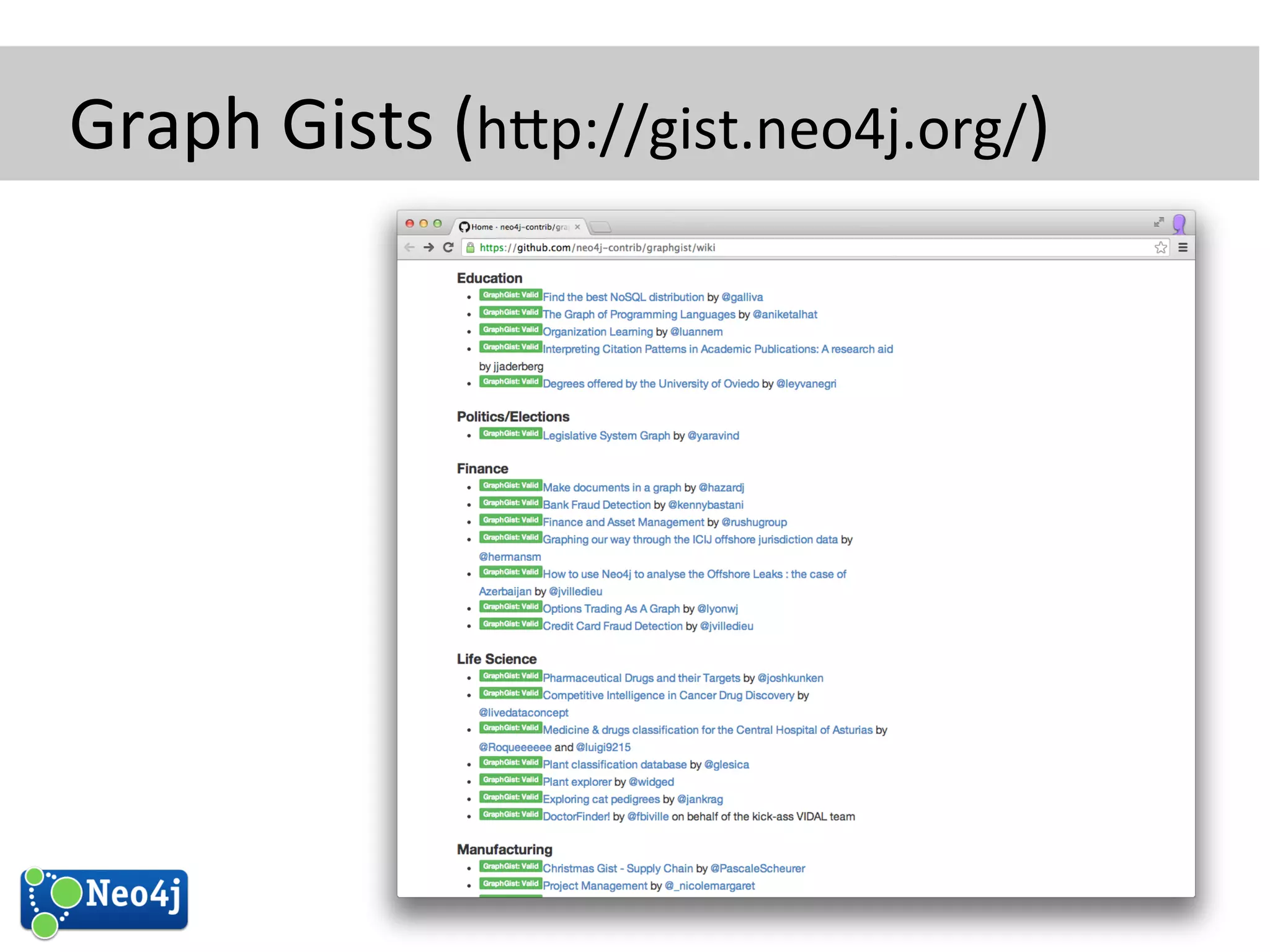 Graph 
Gists 
(hp://gist.neo4j.org/) 
 