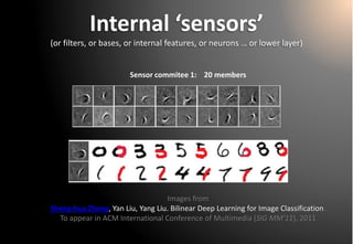 Internal ‘sensors’ 
(or filters, or bases, or internal features, or neurons … or lower layer) 
Sensor commitee1: 20 membersImages fromSheng-huaZhong, Yan Liu, Yang Liu. Bilinear Deep Learning for Image Classification. To appear in ACM International Conference of Multimedia (SIG MM'11), 2011  