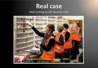 Real case 
Mail sorting by ZIP (postal) codeRoyal Mail on Christmas –Glasgow –2010s? (TheTelegraph–picture: PA)  