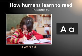 How humans learn to read 
This is letter ‘a’… 
A a 
4 years old  