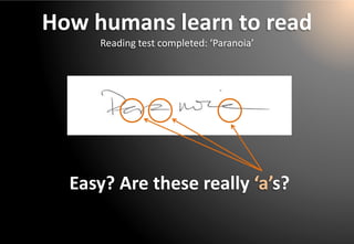 How humans learn to read 
Reading test completed: ‘Paranoia’ 
Easy? Are these really ‘a’s?  