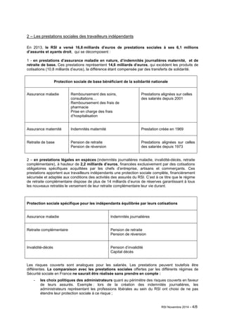 RSI Novembre 2014 - 4/8 
2 – Les prestations sociales des travailleurs indépendants 
En 2013, le RSI a versé 16,8 milliards d’euros de prestations sociales à ses 6,1 millions 
d’assurés et ayants droit, qui se décomposent : 
1 - en prestations d’assurance maladie en nature, d’indemnités journalières maternité, et de 
retraite de base. Ces prestations représentent 14,6 milliards d’euros, qui excèdent les produits de 
cotisations (10,8 milliards d’euros), la différence étant compensée par des transferts de solidarité. 
Protection sociale de base bénéficiant de la solidarité nationale 
Assurance maladie 
Remboursement des soins, 
consultations… 
Remboursement des frais de 
pharmacie 
Prise en charge des frais 
d’hospitalisation 
Prestations alignées sur celles 
des salariés depuis 2001 
Assurance maternité 
Indemnités maternité 
Prestation créée en 1969 
Retraite de base 
Pension de retraite 
Pension de réversion 
Prestations alignées sur celles 
des salariés depuis 1973 
2 – en prestations légales en espèces (indemnités journalières maladie, invalidité-décès, retraite 
complémentaire), à hauteur de 2,2 milliards d’euros, financées exclusivement par des cotisations 
obligatoires spécifiques acquittées par les chefs d’entreprise, artisans et commerçants. Ces 
prestations apportent aux travailleurs indépendants une protection sociale complète, financièrement 
sécurisée et adaptée aux conditions des activités des assurés du RSI. C’est à ce titre que le régime 
de retraite complémentaire dispose de plus de 14 milliards d’euros de réserves garantissant à tous 
les nouveaux retraités le versement de leur retraite complémentaire leur vie durant. 
Protection sociale spécifique pour les indépendants équilibrée par leurs cotisations 
Assurance maladie 
Indemnités journalières 
Retraite complémentaire 
Pension de retraite 
Pension de réversion 
Invalidité-décès 
Pension d’invalidité 
Capital décès 
Les risques couverts sont analogues pour les salariés. Les prestations peuvent toutefois être 
différentes. La comparaison avec les prestations sociales offertes par les différents régimes de 
Sécurité sociale en France ne saurait être réalisée sans prendre en compte : 
- les choix politiques des administrateurs quant au périmètre des risques couverts en faveur 
de leurs assurés. Exemple : lors de la création des indemnités journalières, les 
administrateurs représentant les professions libérales au sein du RSI ont choisi de ne pas 
étendre leur protection sociale à ce risque ; 
 