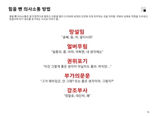 힘을 뺀 의사소통 방법
힘을 뺀 의사소통은 덜 단정적으로 말하고 의문을 많이 드러내며 상대의 조언에 크게 의지하는 것을 의미함. 무방비 상태로 약점을 드러내고,
망설이며 자기 권리를 포기하는 식으로 이야기 함.
망설임
“글쎄, 음, 어, 알다시피”
얼버무림
“일종의, 좀, 아마, 어쩌면, 내 생각에는”
권위포기
“이건 그렇게 좋은 생각이 아닐지도 몰라. 하지만…”
부가의문문
“그거 재미있군, 안 그래? 또는 좋은 생각이야, 그렇지?”
강조부사
“정말로, 대단히, 꽤”
19
 